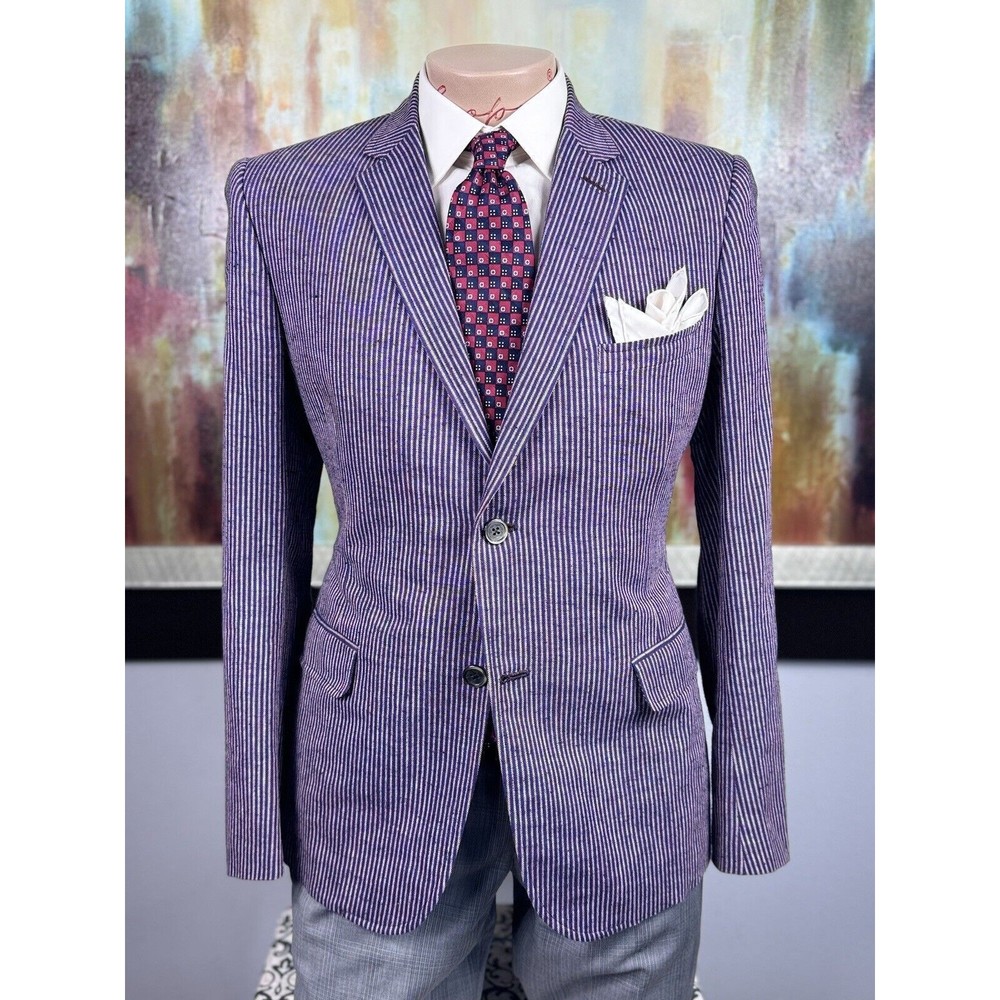 Martin Greenfield Mens 100% Silk Blue Striped HandMade Sport Coat 38R MSRP $1829